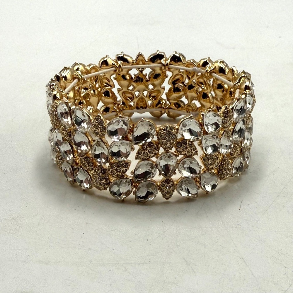 Gold Tone Crystal Stretch Cuff Bracelet Triple Row Pear Cut Rhinestone Wedding
